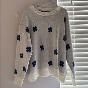 Cozy Floral Knit Sweater - Cream and Blue